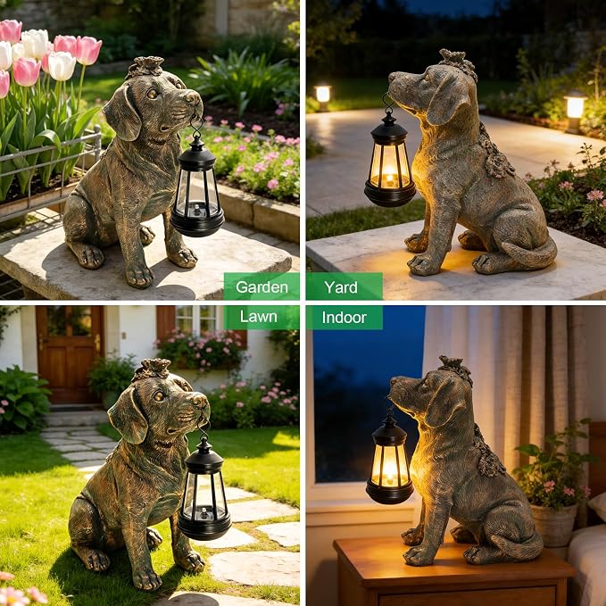 Solar Garden Statue Dog Figurine Decor with Lantern Lights, 11 Inch Outdoor Decoration Solar Dog Sculptures for Outside Patio Lawn Balcony Yard Ornament, Dogs Lover Gifts for Women Mom Birthday