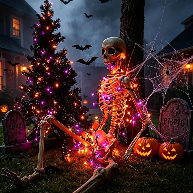 LJLNION 3 Sets Halloween Lights, 29ft 150 Count Black Wire Fairy Mini Lights, 120V UL Certified Incandescent Light String, Connectable for Garden Patio Holiday Party Outdoor Decor, Orange & Purple