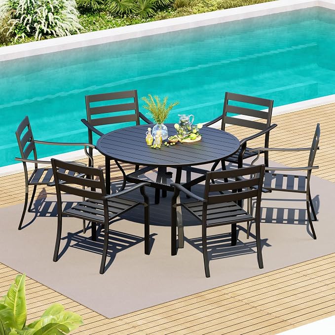 HOMREST 7 Piece Outdoor Patio Dining Set for 6, 48" Round Metal Table with Umbrella Hole and Storage Shelf, Stackable Wrought Iron Chairs, Large Patio Furniture Set for Deck/Backyard/Poolside/Garden