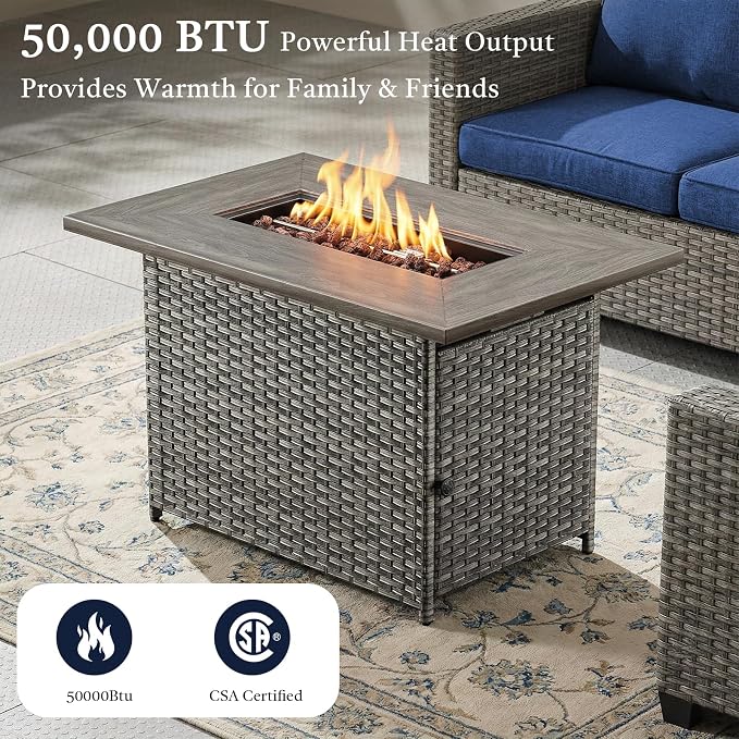 7 Piece Patio Furniture Set with 41" Fire Pit Table - High Back Swivel Glider Patio Chairs Set of 6, All Weather Deep Seating Outdoor Conversation Set for Porch Deck Yard Pool Brown