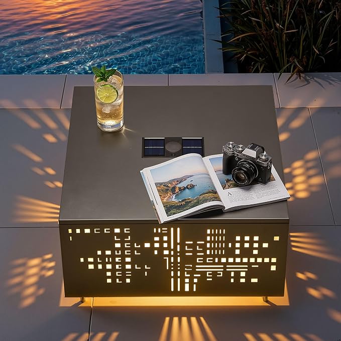 27" Outdoor Solar-Light Coffee Table with Geometric Cut-Out Design, Square Accent Coffee Table with Umbrella Hole, All Weather-Resistant Side Table for Patio, Garden, Deck, Grey