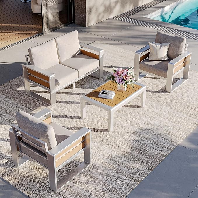 Aoxun Aluminum Outdoor Patio Furniture Set, 2 Seats Metal Sectional Patio Furniture, Modern Outside Sectional Set for Backyard, Armchair ×2, Sliver & Beige