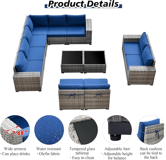 HOOOWOOO Outdoor Patio Sectional Furniture Sofa Set with Widened Armrest,12 Piece Large Modern Wicker Couch,Modular L Shaped Conversation Seating Set with Table for Out Door Garden Corner(Navy Blue)