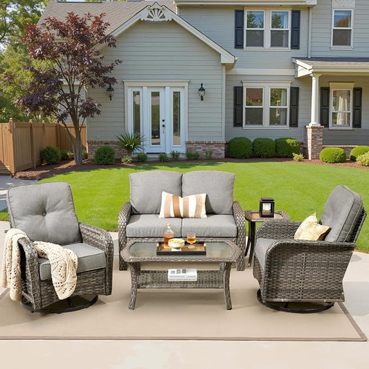 5 Pieces Patio Furniture Set, All Weather Rattan Patio Conversation Sets with Swivel Rocking Chairs, Coffee Table, High Back Outdoor Furniture Loveseat for Porch, Backyard,Dark Grey