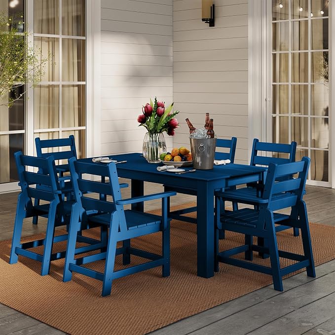 GREENVINES 7 Piece HDPE Outdoor Patio Dining Set, Removable Armrests, Blue