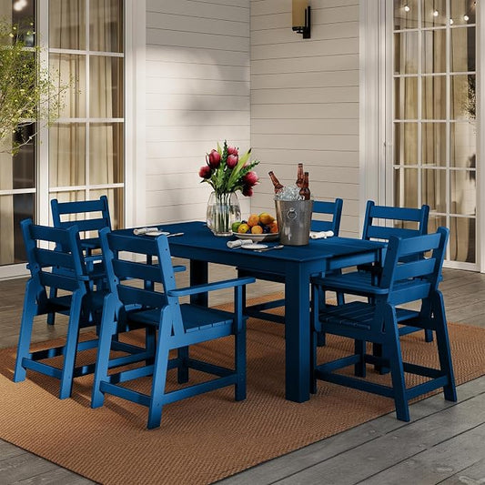 GREENVINES 7 Piece HDPE Outdoor Patio Dining Set, Removable Armrests, Blue