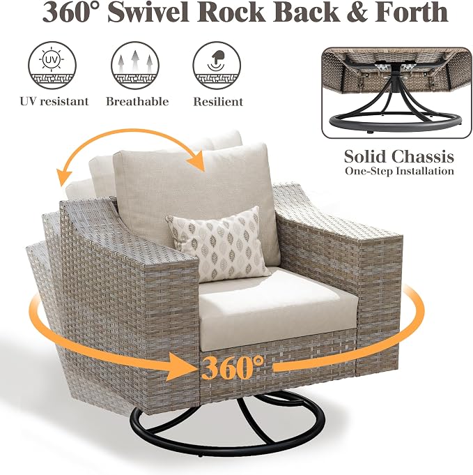 LUXOAK Outdoor Glider Rocking Chair, Wicker 360° Swivel Patio Chairs with 6" Wide Armrests, All-Weather PE Rattan Single Sofa Seat with Thick Cushions, for Porch/Deck/Garden/Backyard