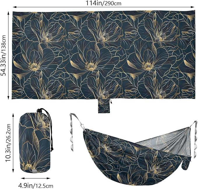 Camping Hammock Outdoor Hammocks for Outside Golden Flower Line Art Beach Trees Portable Lightweight with Pockets Tree Straps Indoor Small