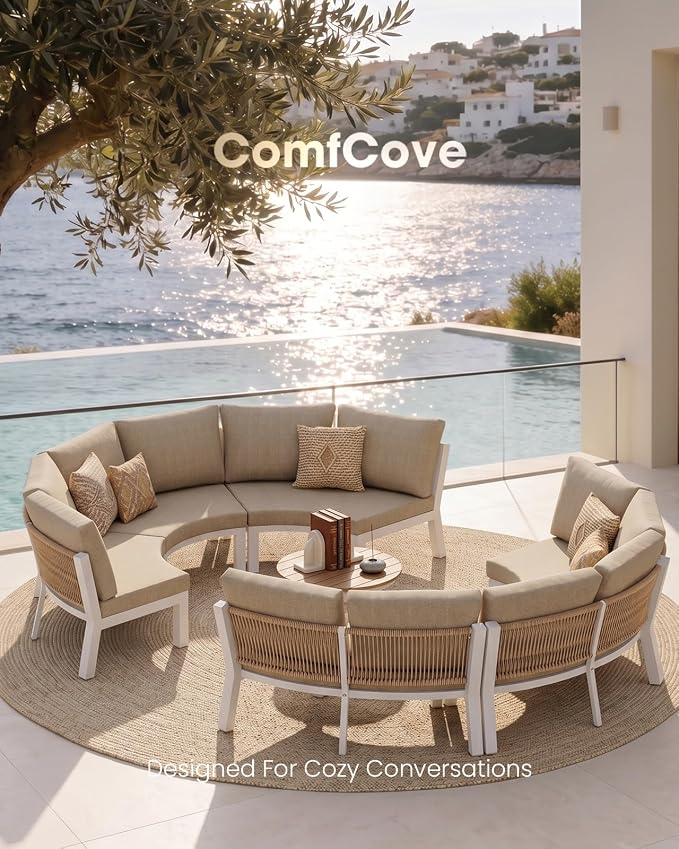 Half Moon Outdoor Patio Furniture Set, Aluminum Curved Patio Conversation Sets, Luxury Outdoor Sectional with PE Rope, All-Weather 7 Pcs Outdoor Couch with Coffee Table & Cushions, White