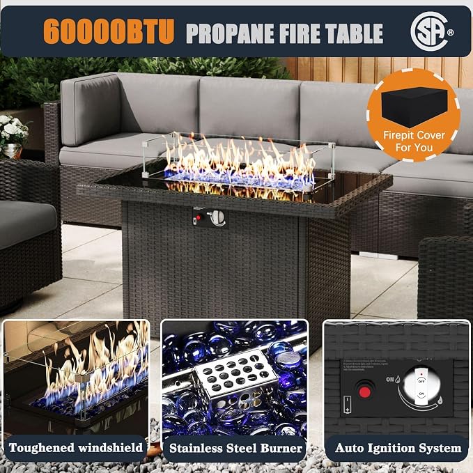 Patio Furniture Set with Fire Pit Table, 15 Pieces Outdoor All-Weather Wicker Conversation Sectional Chair Sofa Set with 4 Swivel Chairs