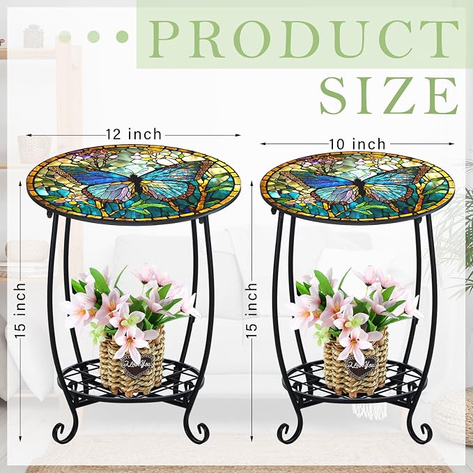 Cinnvoice 2 Pcs Outdoor Side Table Small Patio Round Mosaic Accent End Table Indoor Plant Metal Coffee Tea Tables for Patio Yard Porch Garden Living Room(10" and 12",Butterfly Style)