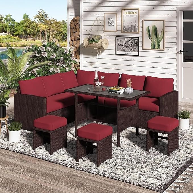 7 Piece Patio Furniture Set with Cover, Outdoor Sectional Sofa Conversation Set Featuring All Weather Wicker Rattan, Dining Table, Chair, Ottoman, Cushions for Porch Deck Backyard Lounge