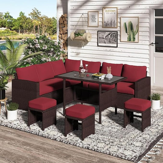 7 Piece Patio Furniture Set with Cover, Outdoor Sectional Sofa Conversation Set Featuring All Weather Wicker Rattan, Dining Table, Chair, Ottoman, Cushions for Porch Deck Backyard Lounge