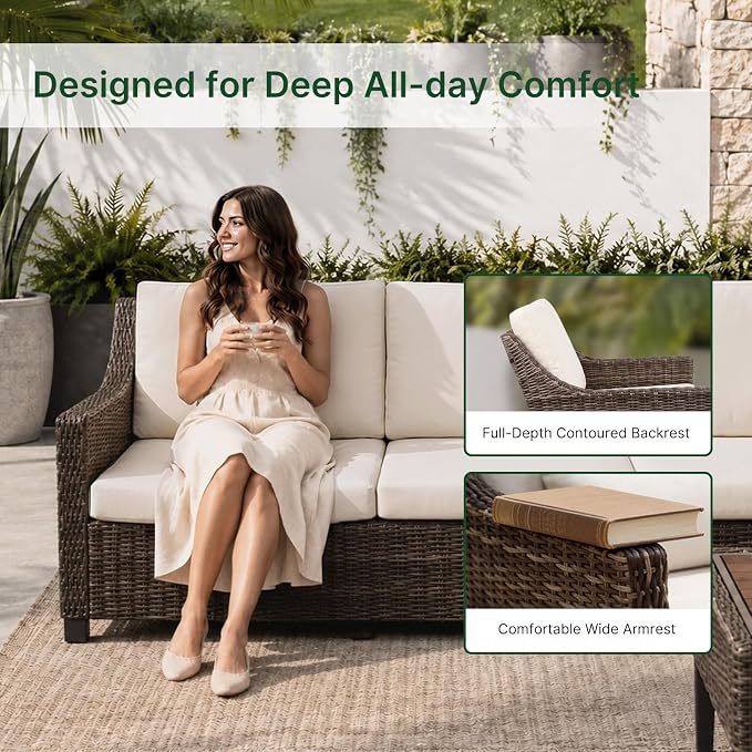 Wicker Patio Conversation Set, Outdoor Patio Furniture Set with Deep Seating, Wide Armrests & Thick Cushions, All-Weather Outdoor Furniture Set for Patio, Porch, Deck & Backyard