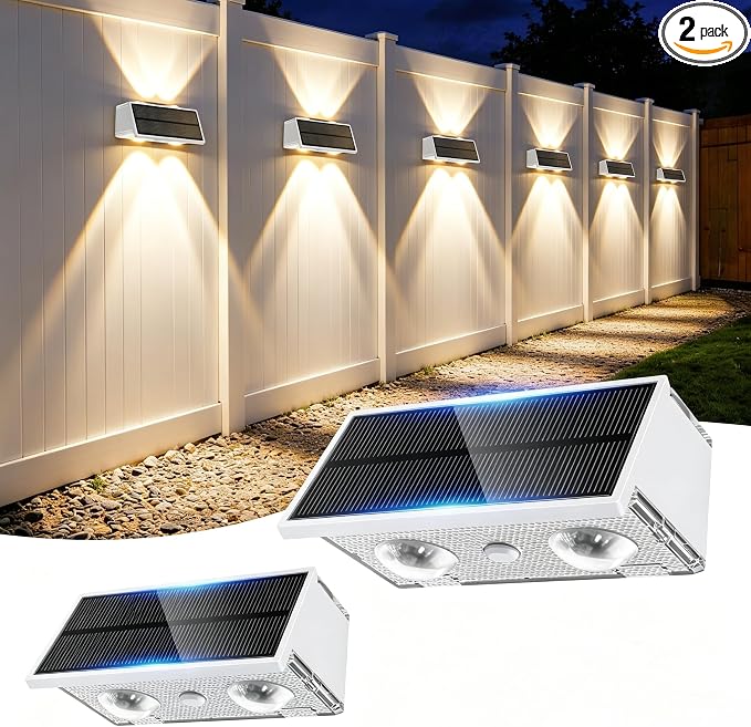 Solar Fence Lights Outdoor, 2 Pack Fence Solar Lights Waterproof | IP65 Fence Lights Solar Powered Up & Down LED Focus, 9 Color Modes, 12H Dusk to Dawn Glow for Pool/Patio/Backyard - White