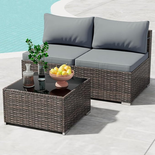 Tradare 3 Piece Patio Furniture Set, Outdoor Wicker Patio Sofa Set, PE Rattan Sectional Couch with Glass Table and Grey Cushions, All-Weather 3 Piece Outdoor Patio Furniture Sets, Brown