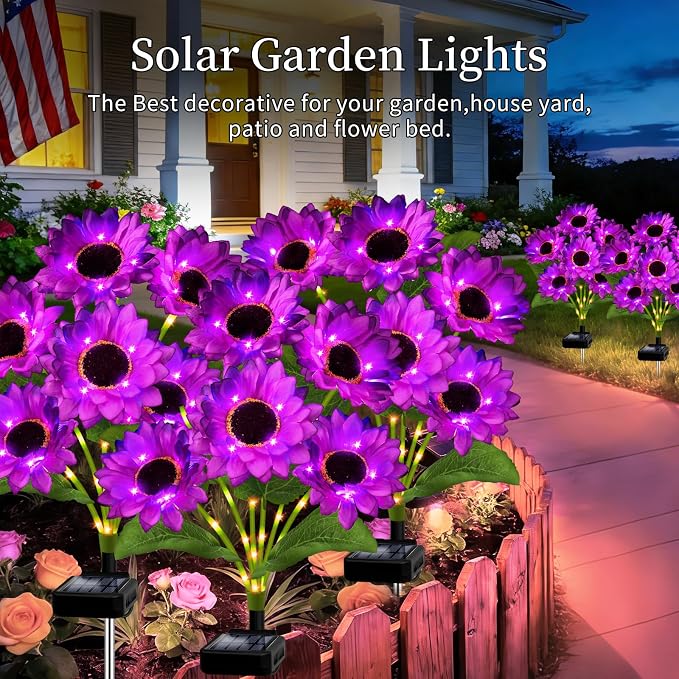 Solar Garden Lights Outdoor, 4 Pack Solar Purple Sunflower Lights with 18 Head 3.5 Inch Flowers, Waterproof Flowers Light Fall Decor Auto ON/Off for Garden Yard Patio Backyard, Gifts for Mom Women