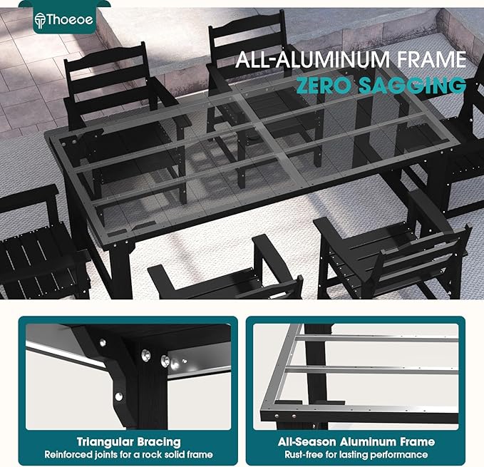 THOEOE 7 Piece Outdoor Dining Set, Patio Dining Table and 6 Chairs, All-Aluminum Frame, All-Weather HDPE Outdoor Furniture with Umbrella Hole for Garden, Lawn, Poolside, Black
