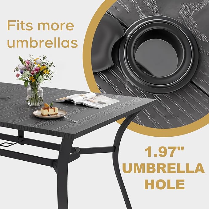 63'' Outdoor Dining Table for 6, Black Metal Patio Dining Table with 1.97'' Umbrella Hole,Anti-Rust Waterproof Square Table for Porch Deck Poolside Garden Backyard