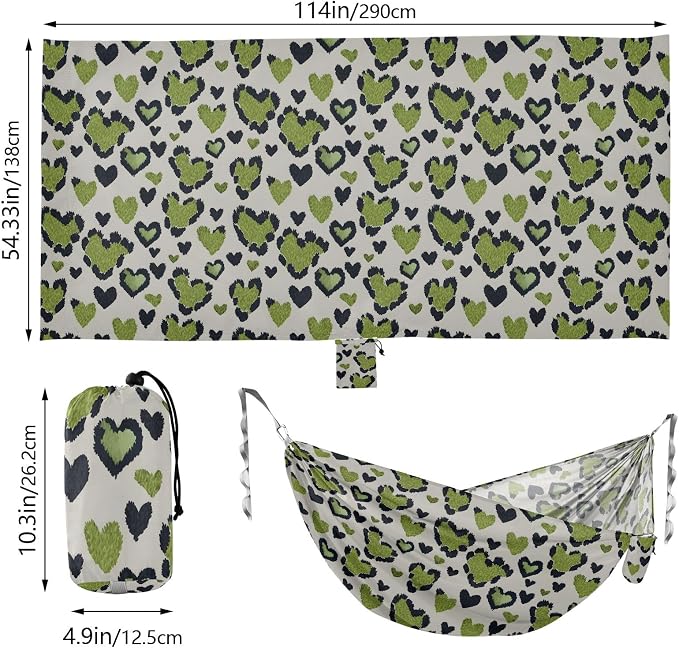 Camping Hammock Outdoor Hammocks for Outside Green Heart Leopard Beach Trees Portable Lightweight with Pockets Tree Straps Indoor