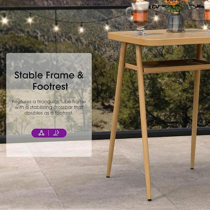 PURPLE LEAF Outdoor Bar Height Table Aluminum Patio High Bar Stools Pub Dining Table for Kitchen Island Balcony Deep Teak