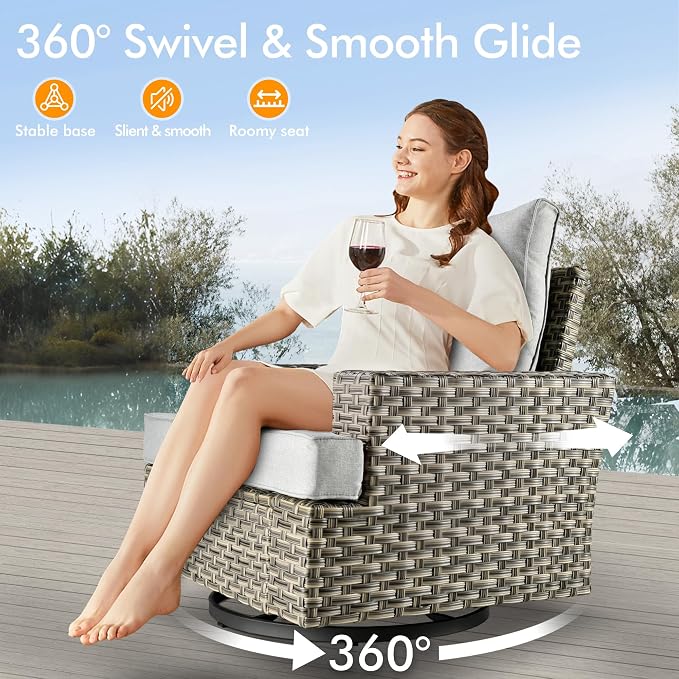 9 Pcs Outdoor Sectional Patio Furniture Set with Swivel Rocking Chairs - All Weather Wicker Modular Outside Sectional Couch,Patio Seating Outdoor Conversation Set for Deck Yard Garden,Grey