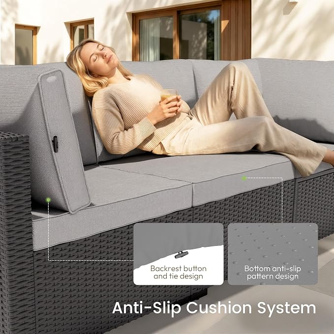 Patio Furniture Set - All-Weather - 7 Piece Patio Outdoor Conversation Set, Modular Wicker Rattan Sectional Sofa for Backyard, Garden, Poolside, Balcony, Porch, Patio,Black/Light Gray