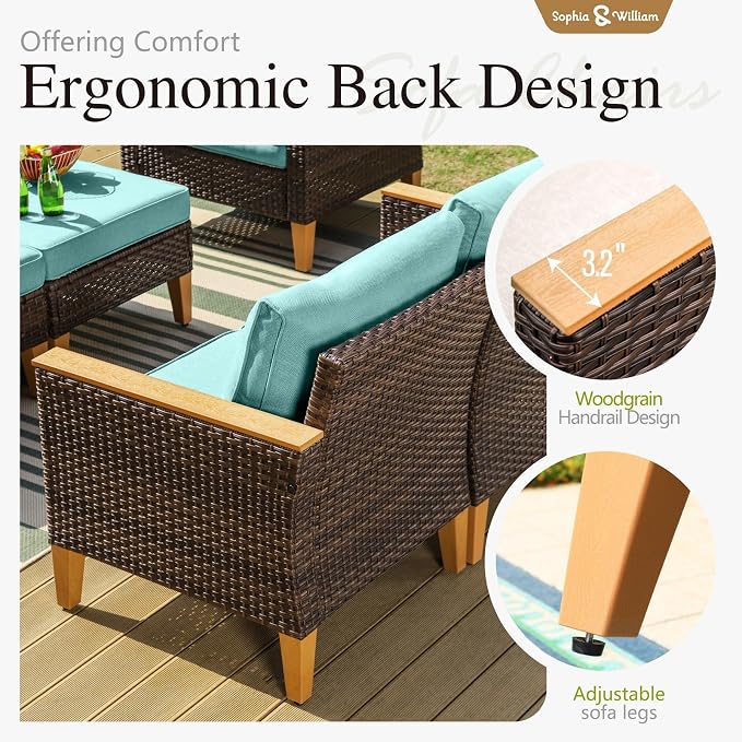 Sophia & William Oversized Patio Furniture Set, 8 Piece Outdoor Wicker Conversation Set Rattan Sectional Sofa, 4 Corner Sofa, 2 Armless Sofa, 2 Ottoman for Backyard, Deck, Pool(Aqua Blue)