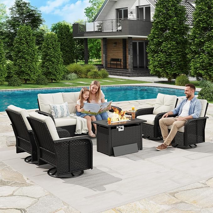 LazySunsets Luxury 10-Piece Patio Furniture Set with 44'' Fire Pit Table, Wicker Rattan Sofa with Thick Cushion, Outdoor Conversation Set for Backyard, Poolside & Garden, Black/Beige