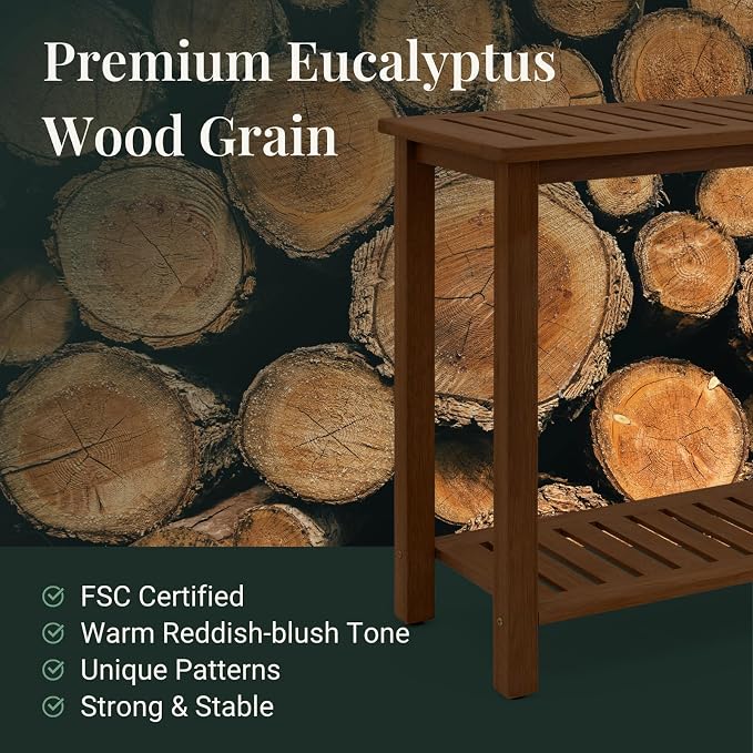 Premium 2-Tier Wooden Console Table with Storage Shelf Solid Eucalyptus Wood 48.03"x 16.14"x 31.1" Entryway Sofa Table for Hallway, Living Room (Brown)