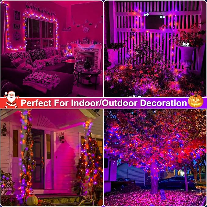 2 Pack Halloween Lights, Total 200FT 600 LED Outdoor String Lights | Orange and Purple, 8 Modes Waterproof Plug in Halloween Decorations for Outside Indoor House Patio Garden Party Holiday