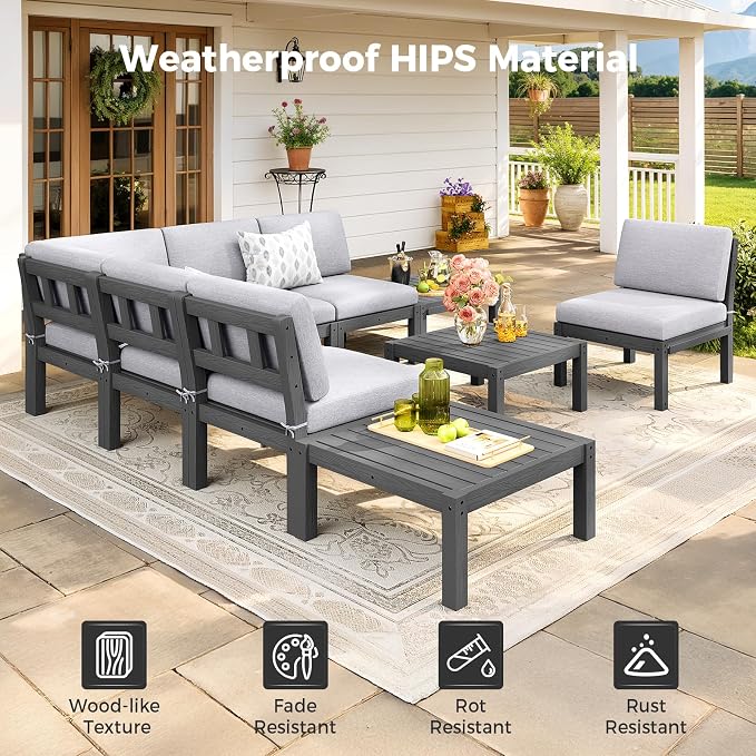 Modular Outdoor Patio Conversation Set, 11-Piece U-Shaped Sectional Sofa Set with Coffee Tables & Thick Cushions, Easy Side Interlock, HIPS All-Weather Patio Furniture Set for Backyard, Deck, Poolside