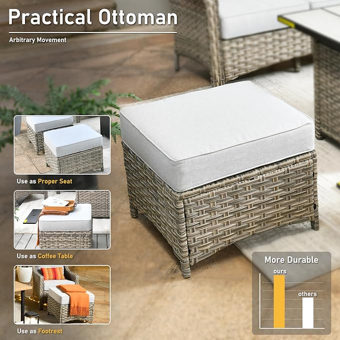 HOOOWOOO 6 Piece Patio Furniture Conversation Sets with Swivel Rocking Chairs,Outdoor Wicker Furniture with Ottoman,All Weather Resistant High Back Rattan Conversational Set(Light Grey Gray)