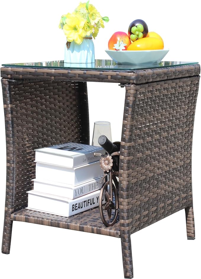 Outdoor Wicker Side Table, 19.25" Square Patio End Table with Tempered Glass Top & Storage Shelf, All-Weather Brown Rattan Coffee Table for Patio, Porch, Backyard, Poolside, Indoor & Outdoor Use