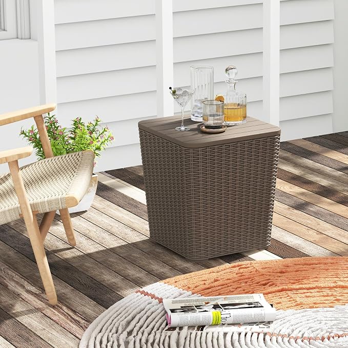 MEDIMALL Resin Wicker Patio Side Table with Lid, 11.5-Gallon Outdoor Deck Box with Concealed Storage Space, Small Square Coffee Table End Table for Porch, Garden, Poolside, Brown/Black (brown)