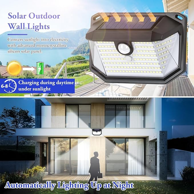 4-Pack Solar Wall Lights Outdoor with 3 Modes & Reflector, Waterproof Bright 178 LEDs Motion Sensor Security Lights, Solar Powered Flood Lights for Patio Garden Yard Porch Garage Front Door