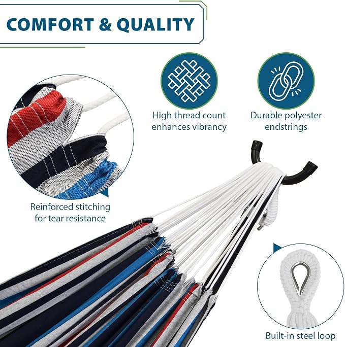Vivere Double Cotton Hammock with Space Saving Steel Stand, Upgraded Polyester End Strings 450 lb Capacity - Premium Carry Bag Included - USA Grown Cotton (Denim)