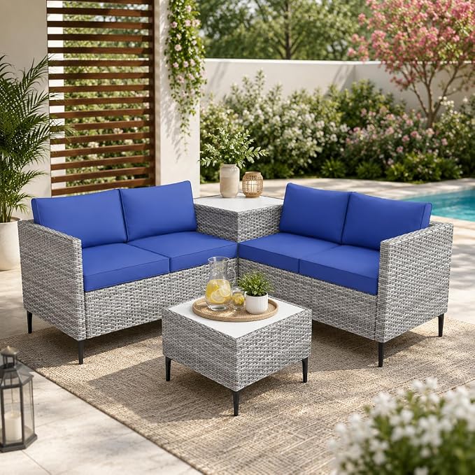 Garvee All-Weather PE Rattan Patio Furniture Set, 4 Piece Outdoor Sectional Sofa Couch with Storage Coffee Table, l-Shaped Conversation Set for Garden, Backyard, Poolside, Porch, Gray Blue