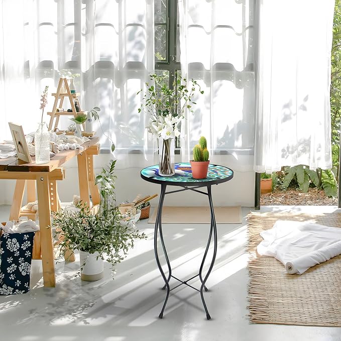 Arbuxzuy 12 Inch Small Outdoor Side Table with Colorful Peacock, Glass Mosaic Patio Table Indoor, Round Plant Coffee Table for Living Room, Balcony, Garden