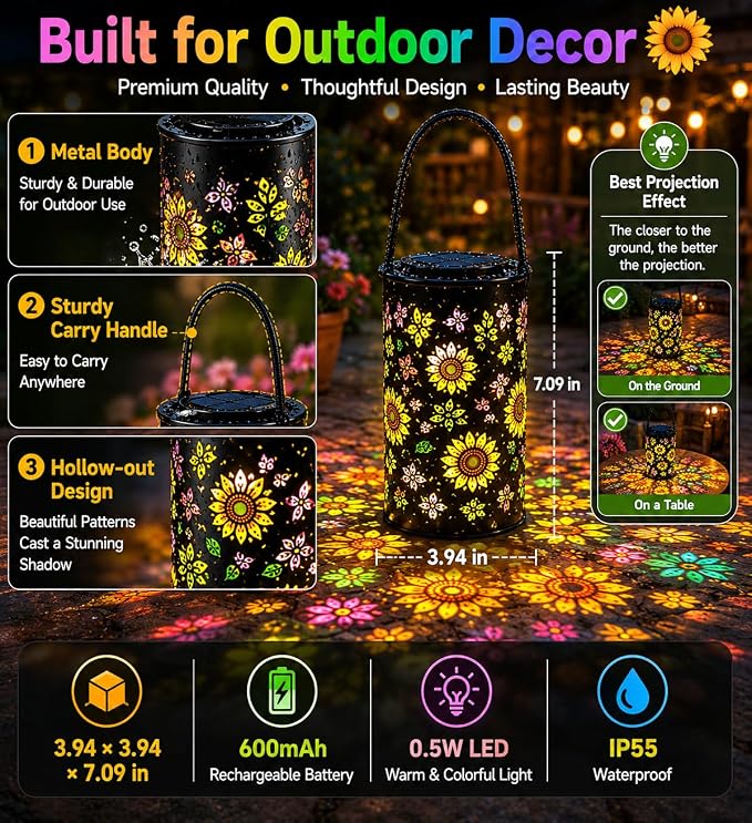 Colorful Sunflower Glow Solar Lantern, IP55 Waterproof Solar Garden Lantern with Multicolor Sunflower Projection, Outdoor Decorative Light for Patio, Yard and Garden