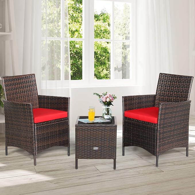 RELAX4LIFE 3 Pieces Patio Rattan Furniture Set with Glass Coffee Table & Cushions Outdoor Conversation Set for Poolside Balcony Backyard Lawn Porch 3 Pieces PE Rattan Patio Set (Red)