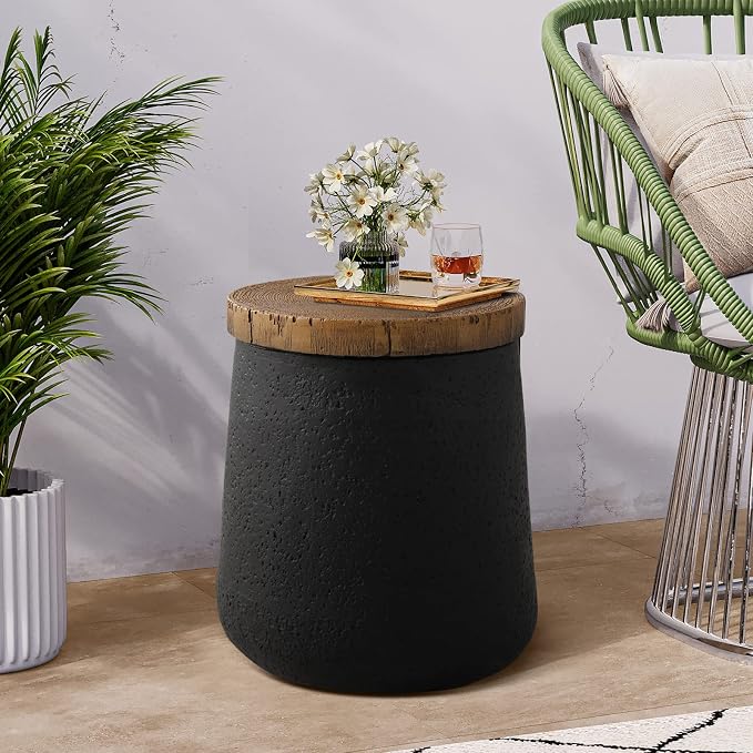 COSIEST Outdoor Side Table Set of 2, 2 Pieces End Table, Cylinder Shaped Patio Side Table, Black Outdoor Concrete Accent Table Stool with Faux-Wood Tree Trunk Slice Top for Outside, Indoor, Garden