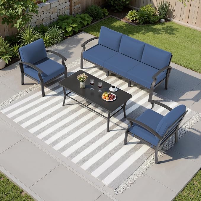 Kullavik Aluminum Patio Furniture Set,4 Piece Modern Metal Outdoor Patio Furniture w/5.1'' Thick Cushion and Rectangular Coffee Table,Patio Conversation Sets for Porch,Deck,NavyBlue
