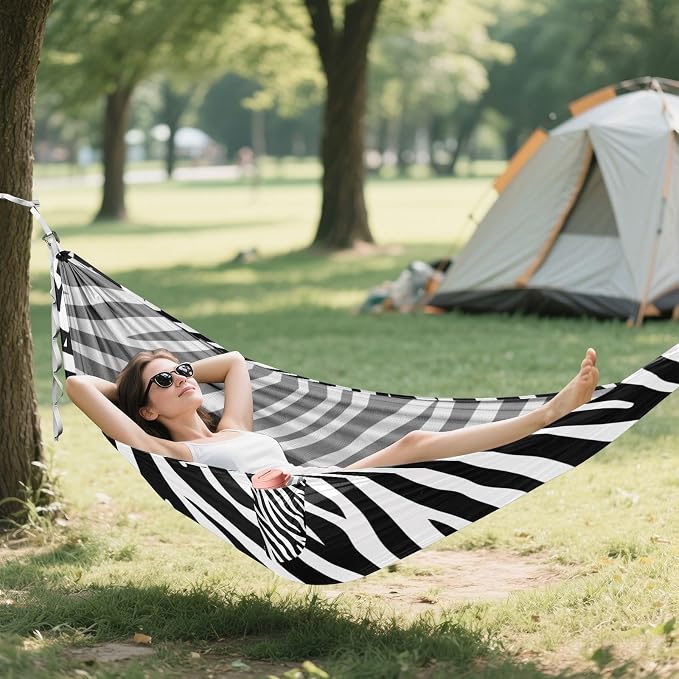 Zebra Print Camping Hammock, Portable Lightweight Single Hammock with Tree Straps and Aluminum Carabiners, 114" x 54" Travel Hammock for Hiking Backpacking Beach