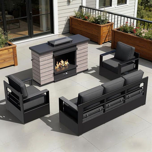 Outdoor Aluminum Furniture Set, 4-Piece Patio Conversation Set, 2 Chairs, 1 Sofa and 1 Fireplace, All-Weather Metal Frame, 6" Thick Removable Cushions, Deep Setting for Garden, Poolside and Porch