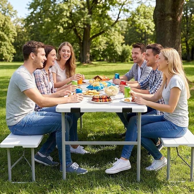 Picnic Table Set with 2 Benches, 5.8FT Portable Folding Picnic Table for Indoor Outdoor, Camping Patio Dining, Heavy Duty Metal Frame, Compact Carry for Backyard, White