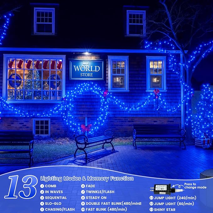 200 LED Connectable String Lights, 66FT Christmas Lights Outdoor Indoor | Blue, 13 Modes, Timer, Clear Wire Waterproof Twinkle Fairy Lights Plug in for Bedroom Classroom Patio Xmas Tree Decor