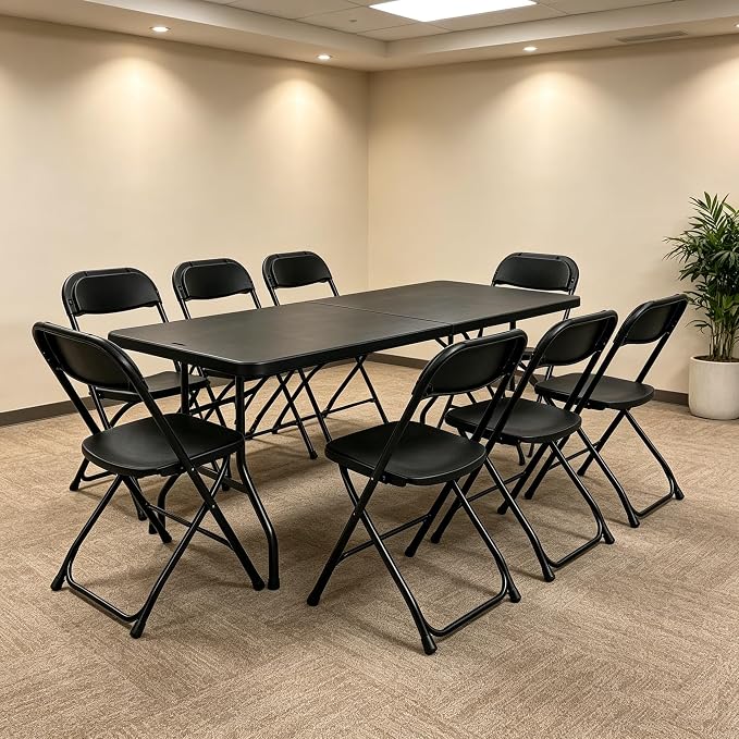8 FT Black Plastic Folding Table Set with 6 Black Folding Chairs for Picnic, Party, Training, Outdoor Activities, at Home and Commercial Use