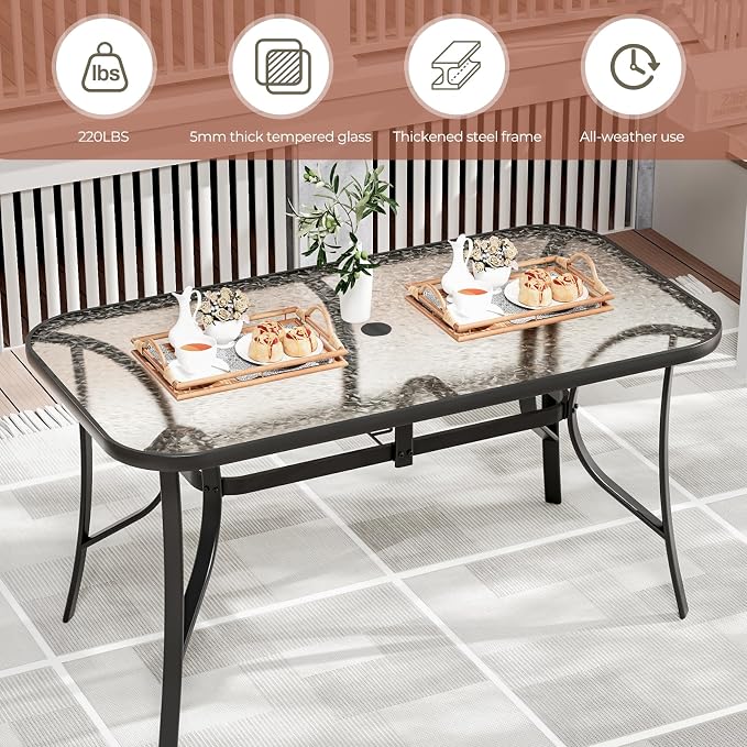 TLSUNNY Patio Dining Set for 6, Outdoor Table and Chairs W/1.69″ Umbrella Hole, 30"X 55" Table and Stackable Textilene Chair, All Weather Patio Furniture Set (Black Table & Brown Chair)