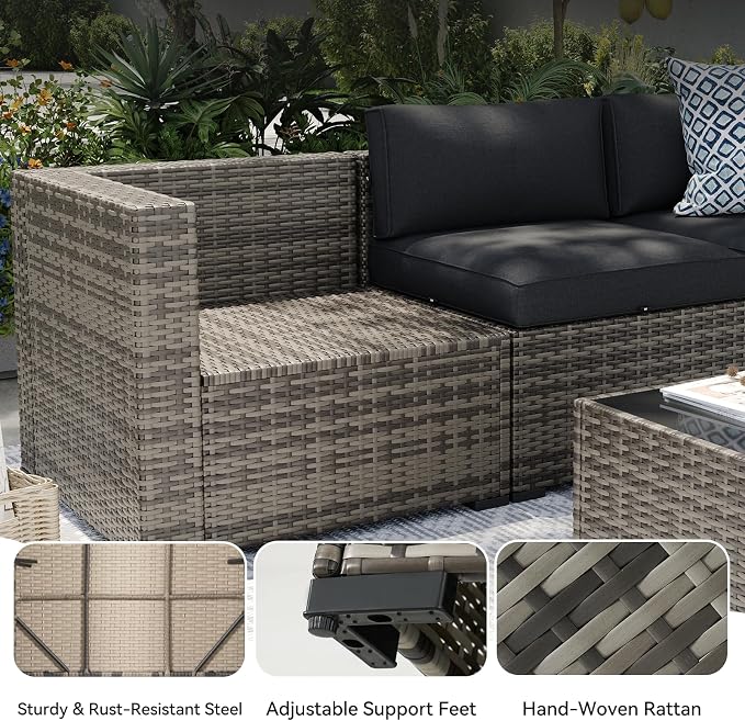 Aoxun 8-Piece Patio Furniture Set, Wicker Outdoor Sectional Sofa with Large Storage Table & Waterproof Cover, Patio Conversation Set for Backyard and Garden (Grey/Black)